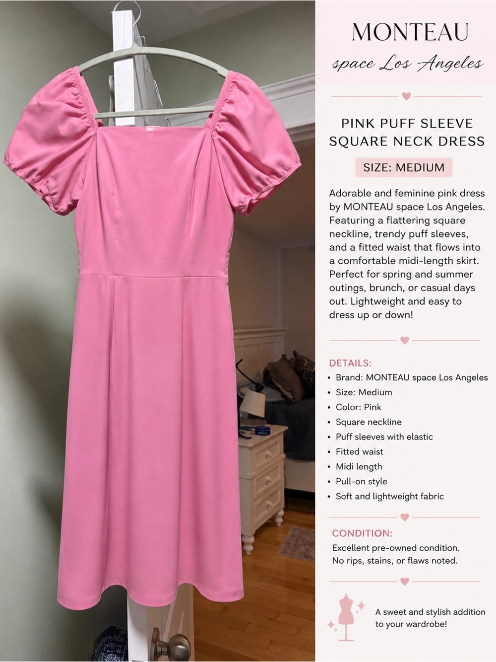 MONTEAU Pink Puff Sleeve Square Neck Dress